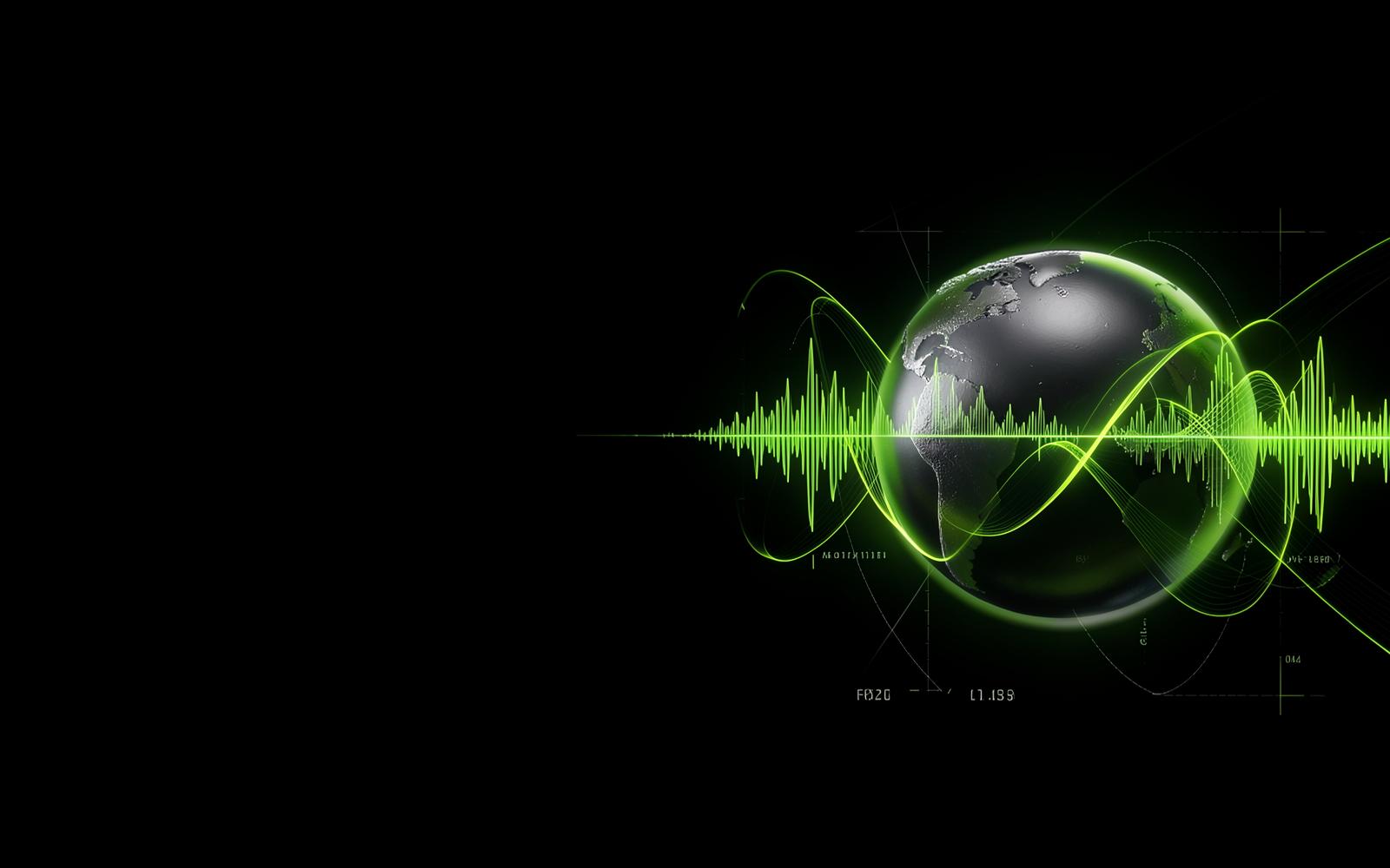 A globe encircled by luminous audio waves